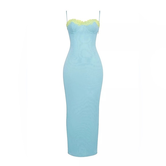 HOUSE OF CB 'Aiza' Ocean Blue Contrast Lace Maxi Dress - Picture 3 of 4